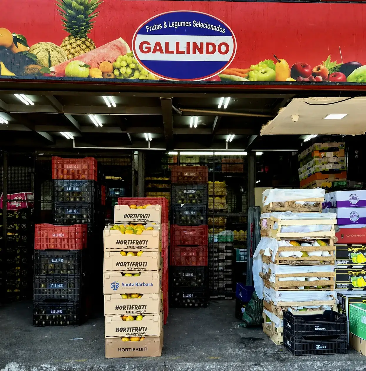 Fachada do box Gallindo Hortifruti na CEAGESP, com caixas de frutas, legumes e verduras frescas organizadas